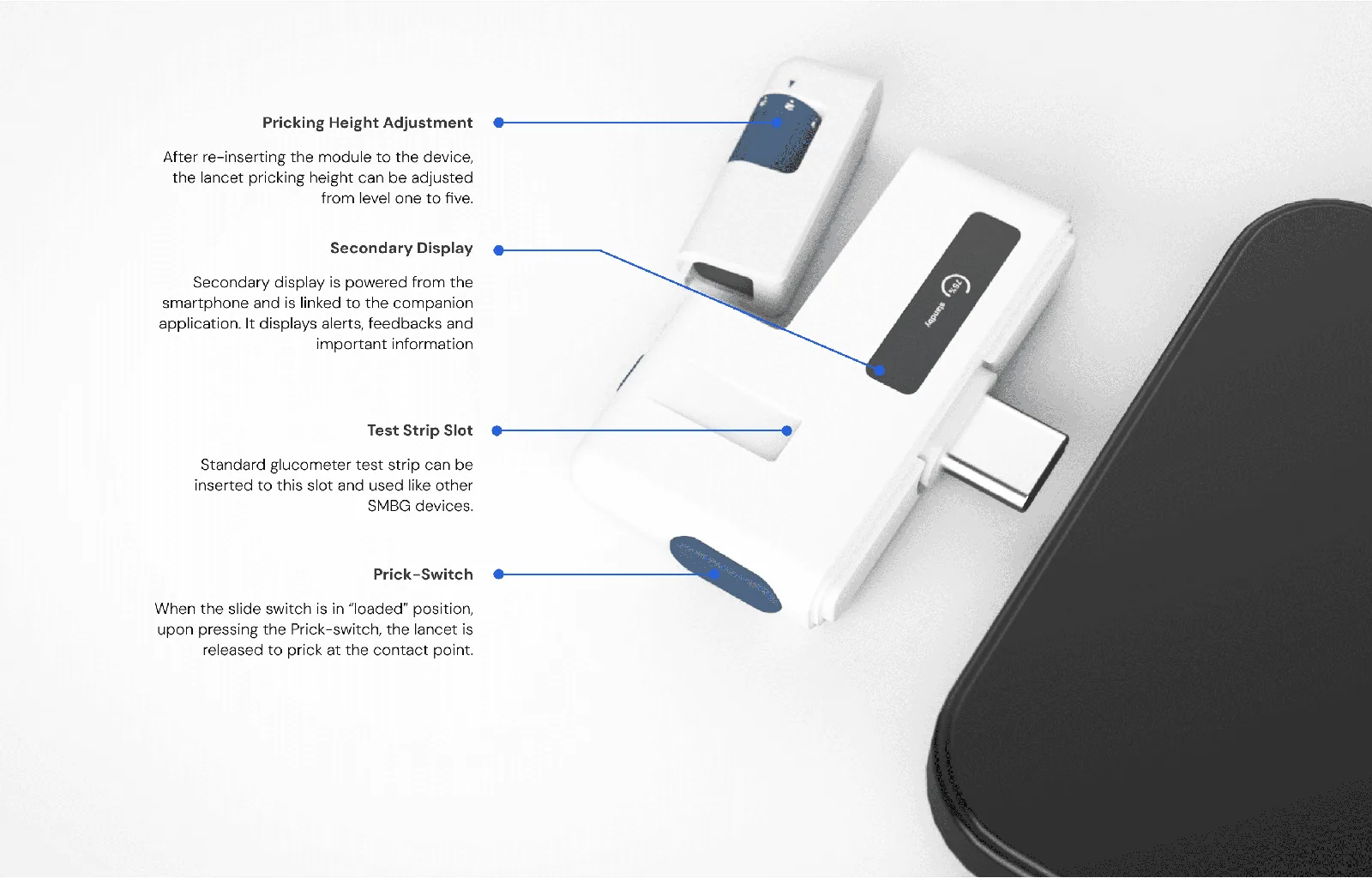GluCORE connected to a smartphone with integrated pricker