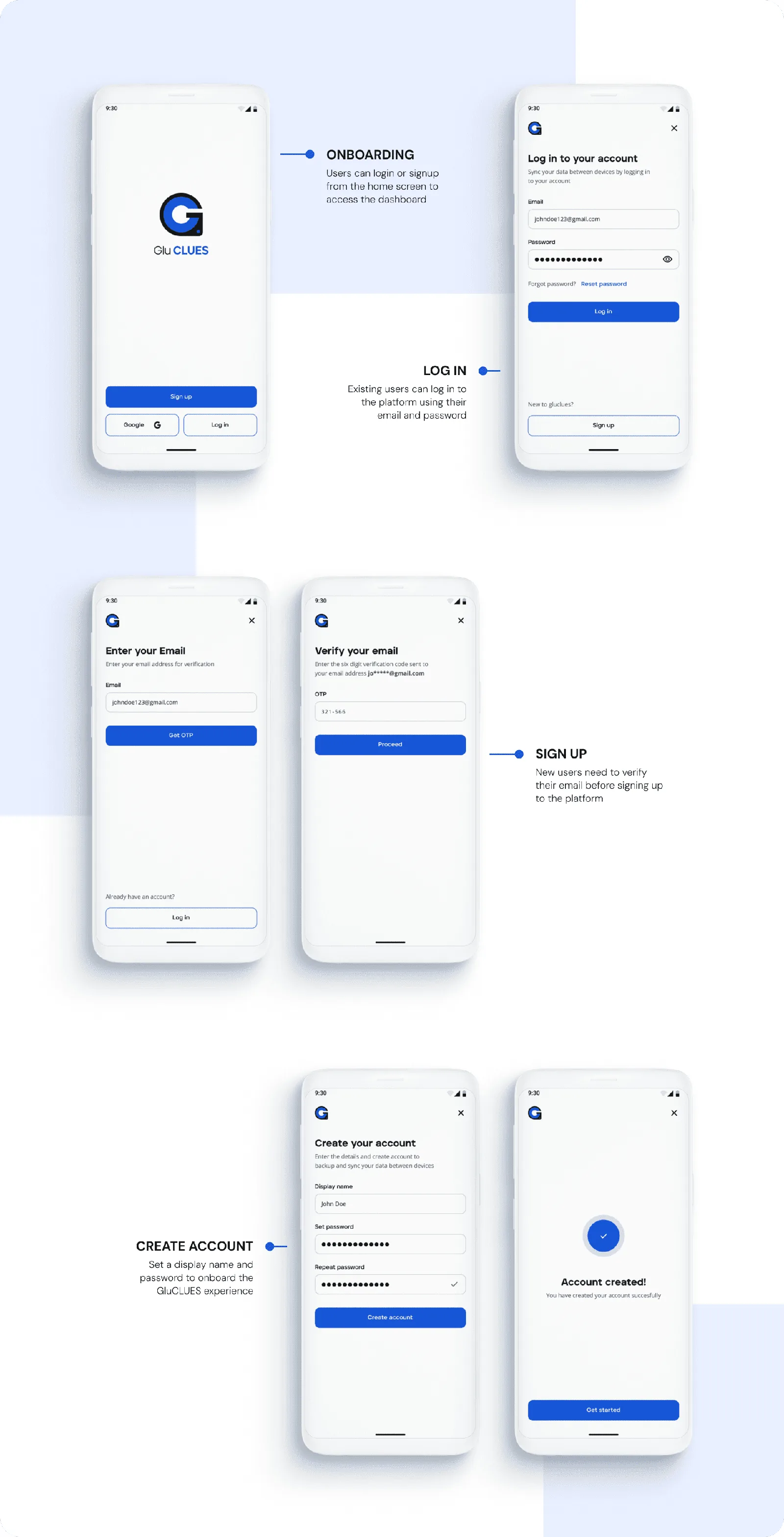 GluCLUES onboarding, account setup, and device connection screens