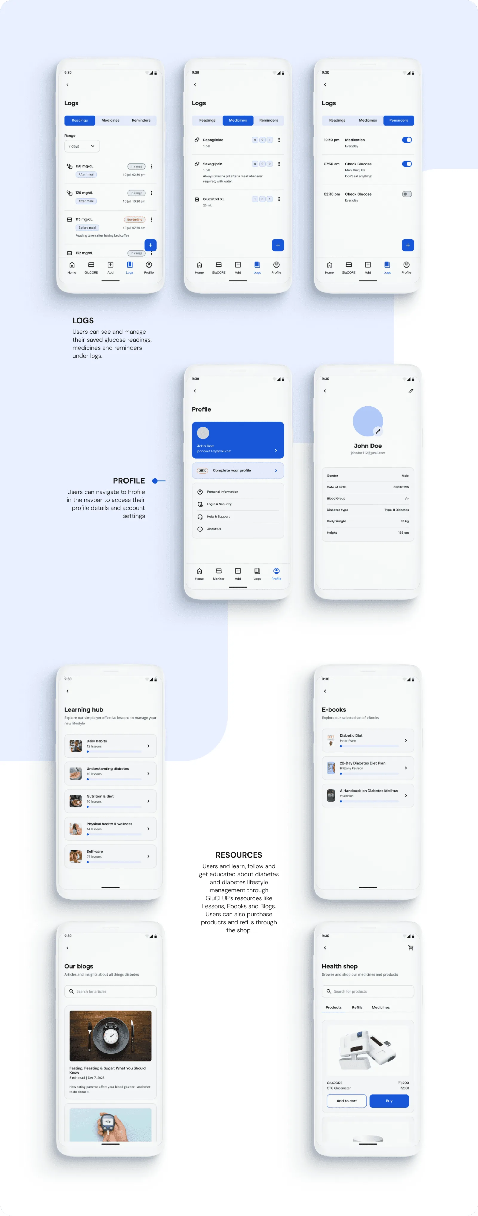 GluCLUES logs, reminders, reports, and additional management screens